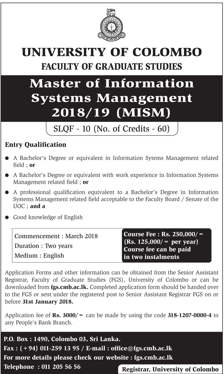 Master of Information Systems Management (2018/19) - Faculty of Graduate Studies - University of Colombo